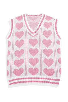 Hearts Pattern Vest for Women Indie Softie Aesthetic Pink Cotton Vest For Fall, Trendy Cotton V-neck Sweater Vest, Pink Sleeveless Cotton Vest, Trendy Pink Cotton Vest, Pink Heart Print Sleeveless Tops, Pink Cotton Casual Sweater Vest, Cotton Tank Top For Fall, White Cotton Tank Top For Fall, Casual Pink Cotton Sweater Vest