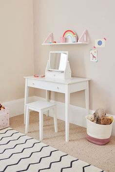 Children's desk and dressing table set with stool Beautiful Dressing Table, Neutral Bedroom Furniture, Kids Dressing Table, Dressing Table Stool, White Bedroom Furniture, Wall Bookshelves, Table Mirror, Toy Storage Boxes, Modular Shelving