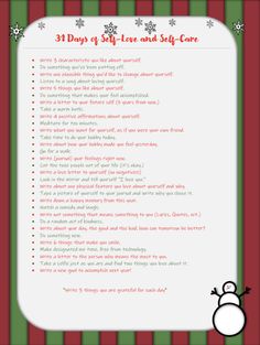 a list with snowmen on it and the words 31 days of self care and stay - care