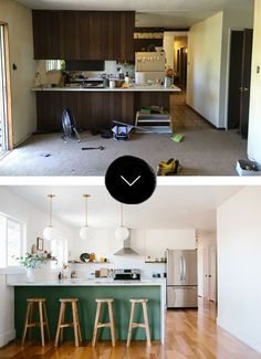 before and after pictures of a kitchen remodel with wood flooring, counter tops, and bar stools