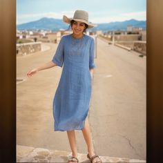 Olivia Mark - Cotton and Linen Vintage Embroidered Hemp Dyed Color Dress with Short and Long Sleeves in Light Qipao Style Lake Blue Color, Tulip Dress, Color Dress, Midi Dress Sleeveless, Types Of Skirts, Olivia Mark, Types Of Collars, Cotton Dresses, Stand Up