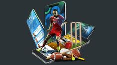 an image of a man surrounded by various sports related items and games on his cell phone