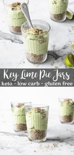 key lime pie jars in glass cups with spoons and lime slices on the side