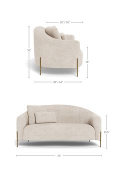 a couch and chair with measurements for each seat