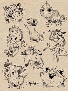 some cartoon animals that are drawn on paper