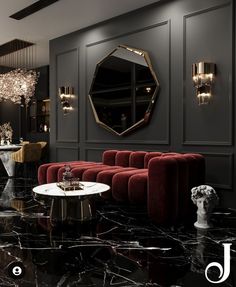 a black and white marble floor with red velvet couches, gold chandeliers and round tables