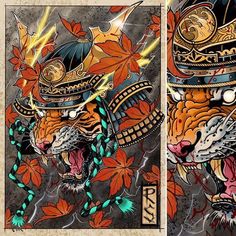 two pictures of the same animal with different colors and designs on them, one is wearing a helmet