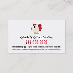 a white business card with a rooster on it