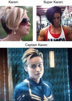 two women with different hair styles and one has an image of captain america