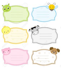 four blank labels with cute animals and bees on the top one is for children's room