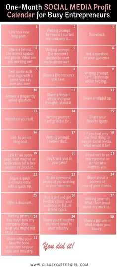 a pink and black calendar with the words, one - month social media proft calendar for