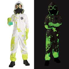 two different costumes with green and black paint on them