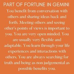 an orange background with the words, part of fortune in gemin you benefit from conversation with others and sharing ideas back and forth