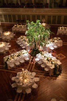 an overhead view of a banquet hall with tables and chairs set up for formal function