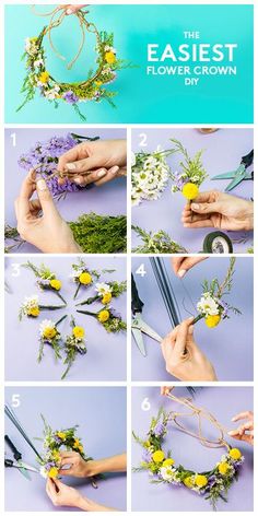 instructions to make a flower crown with daisies and yellow flowers for the bride's hair