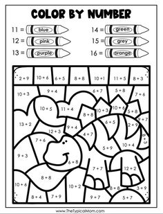 color by number worksheet for kids to practice addition skills and subtraction