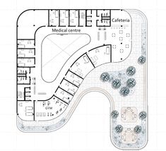 the floor plan for a medical center with several tables and seating areas, along with an outdoor swimming pool