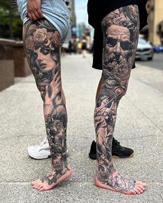 two people standing next to each other with tattoos on their legs