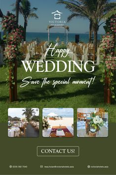 a flyer for a wedding with palm trees and chairs in the foreground, along with flowers