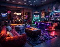 a living room filled with furniture and neon lights