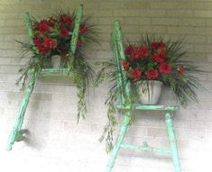 two green ladders with flowers in them against a brick wall that says afternoon blessing