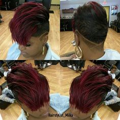 Red And Blonde Hair Color Black Women Short Haircuts, Red Pixie Cut On Black Women, Rhianna Mullet Haircut, Red Mohawk Black Women, Red Pixie Quick Weave, Short Curly Weave, Mama Hair, Braids With Shaved Sides