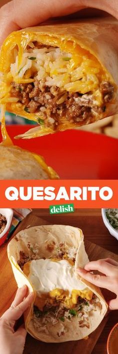 a person holding a burrito in their hand and the words quesarito on it