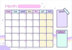 a calendar with the month and months on it, in pastel pinks / yellows