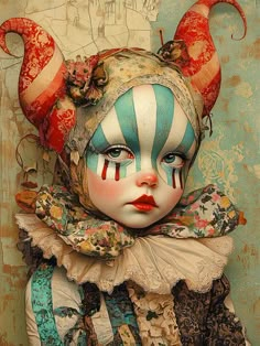 a painting of a doll with horns and makeup on it's head, wearing a clown costume