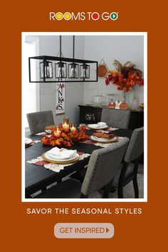 the dining room table is set for four with candles on it and fall leaves in the center