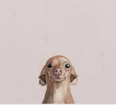 a painting of a brown dog with big eyes looking at the camera while standing in front of a pink wall