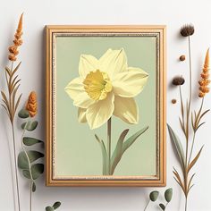 a painting of a yellow daffodil on a green background