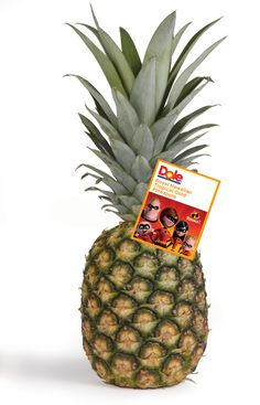 a pineapple with an ad on it sitting in front of a white background,