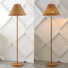 the floor lamp is made out of wood and has a rattan shade on it