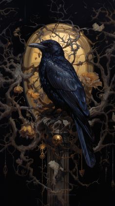 a painting of a black bird sitting on top of a clock with trees in the background