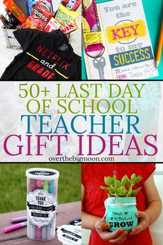 the words 50 last - day of school teacher gift ideas are shown in this collage