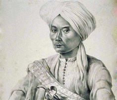 an old drawing of a man wearing a turban and holding a knife in his right hand