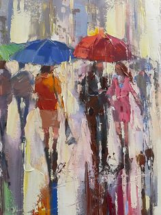 painting of people walking in the rain with umbrellas