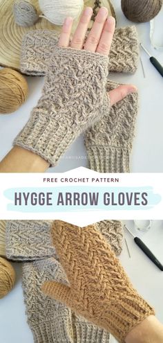 two hands wearing knitted gloves with text that reads free crochet pattern hygge arrow gloves