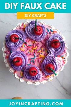 a cake decorated with purple icing and cherries