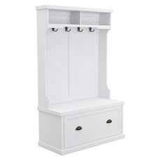 a white wooden bench with two drawers on the front and one door open to reveal a coat rack