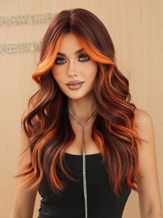 7JHHWIGS Flame Orange Highlight Wigs For Women Soft Long Wavy Wig With Curtain Bangs Fashion Colored Wig Natural Looking Synthetic Wigs For Girls Party Rave Use 26 Inch Orange    High Temperature Fiber  Bangs Wig   Wigs & Accs, size features are:Bust: ,Length: ,Sleeve Length: Wig With Curtain Bangs, Highlight Wigs, Cheveux Oranges, Hiar Style, Long Wavy Wig, Orange Highlights, Fire Hair, Korea Girl, Ginger Hair Color