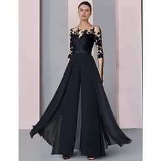 Silhouette:Jumpsuit / Pantsuit; Hemline / Train:Ankle Length; Closure:Zipper UP; Fully Lined:No; Built-In Bra:Yes; Embellishment:Appliques; Fabric:Lace,Chiffon; Sleeve Length:3/4 Length Sleeve; Tips:Professional dry cleaner only,Colors may vary slightly due to different monitor settings; Boning:Yes; Style:Party,Elegant; Occasion:Wedding Guest,Formal; Waistline:Natural; Neckline:Scoop Neck; Brand:LAN TING Express; Listing Date:10/27/2023; Bust:; Hips:; Hollow to Floor:; Waist:; Features:Overskirt Bride Pantsuit, Mother Of The Bride Looks, Satin Bridal Gowns, Formal Wedding Guests, Cheap Wedding Dresses Online, Dresses Formal Elegant, Evening Gowns Elegant, Lace Bridal Gown, Illusion Dress