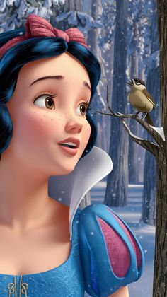 the snow princess is holding a knife in front of a tree with a bird perched on it