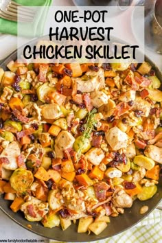 one pot harvest chicken skillet with text overlay