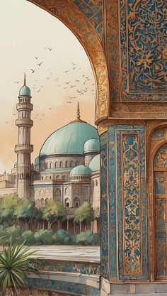 an artistic painting of a mosque with birds flying over it