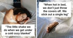 a woman laying in bed with her head down and the caption reads, when not in bed, we don't just throw the covers off we stick out a single leg