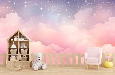 Cute Stars Wallpaper, Mural For Kids Room, Wallpaper For Girl, Sky Mural, Room Cute, Baby Wall Decor, Baby Wall