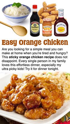 an advertisement for orange chicken on a plate with rice and sauces in the background