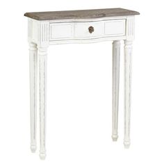 an antique white console table with drawers and marble top, isolated against a white background